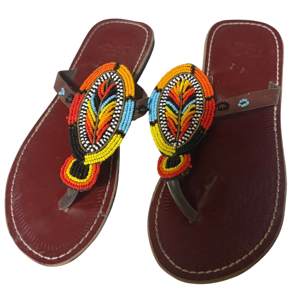 Handmade Beaded Leather Maasai Thong Sandals Multi Color Boho Flat Flip Flops 41